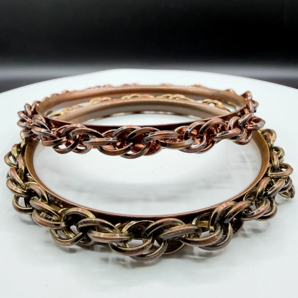 Pair Copper & Brass Tone Chain Link Bangle Bracelet Boho Stack Statement Jewelry